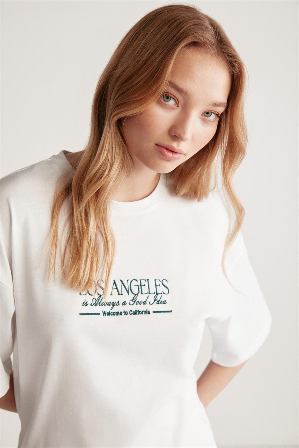 JANNA Örme Oversize Beyaz - Yeşil  T-Shirt