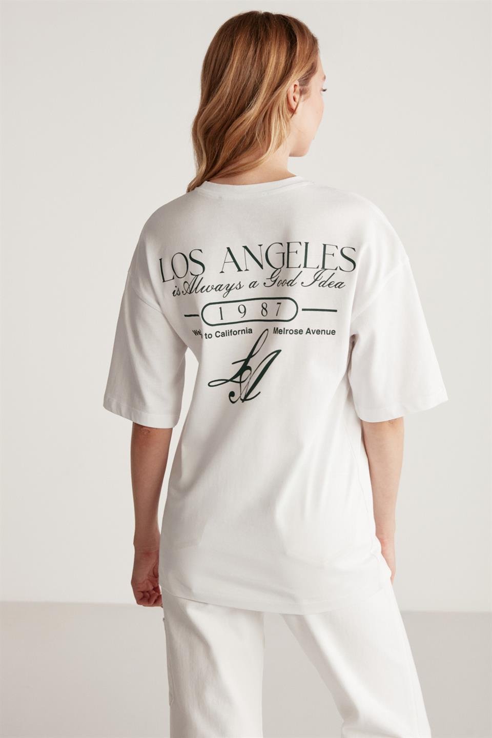 JANNA Örme Oversize Beyaz - Yeşil  T-Shirt