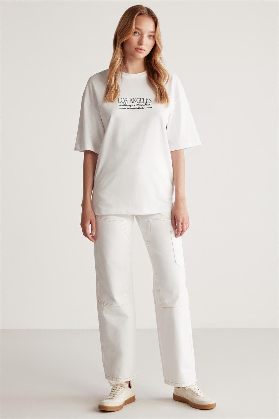 JANNA Örme Oversize Beyaz - Yeşil  T-Shirt