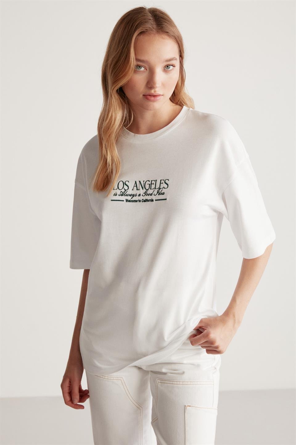 JANNA Örme Oversize Beyaz - Yeşil  T-Shirt