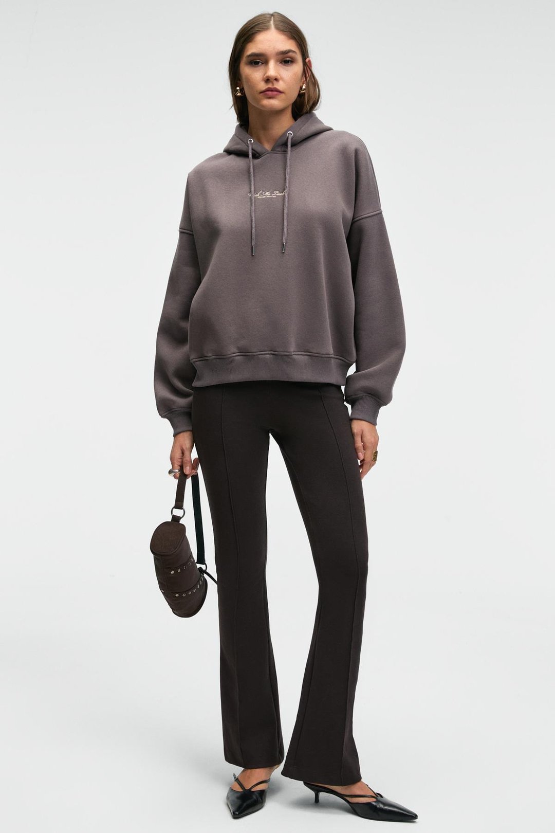 JASSES Kadın Oversize Nakışlı Kapüşonlu Antrasit Sweatshirt