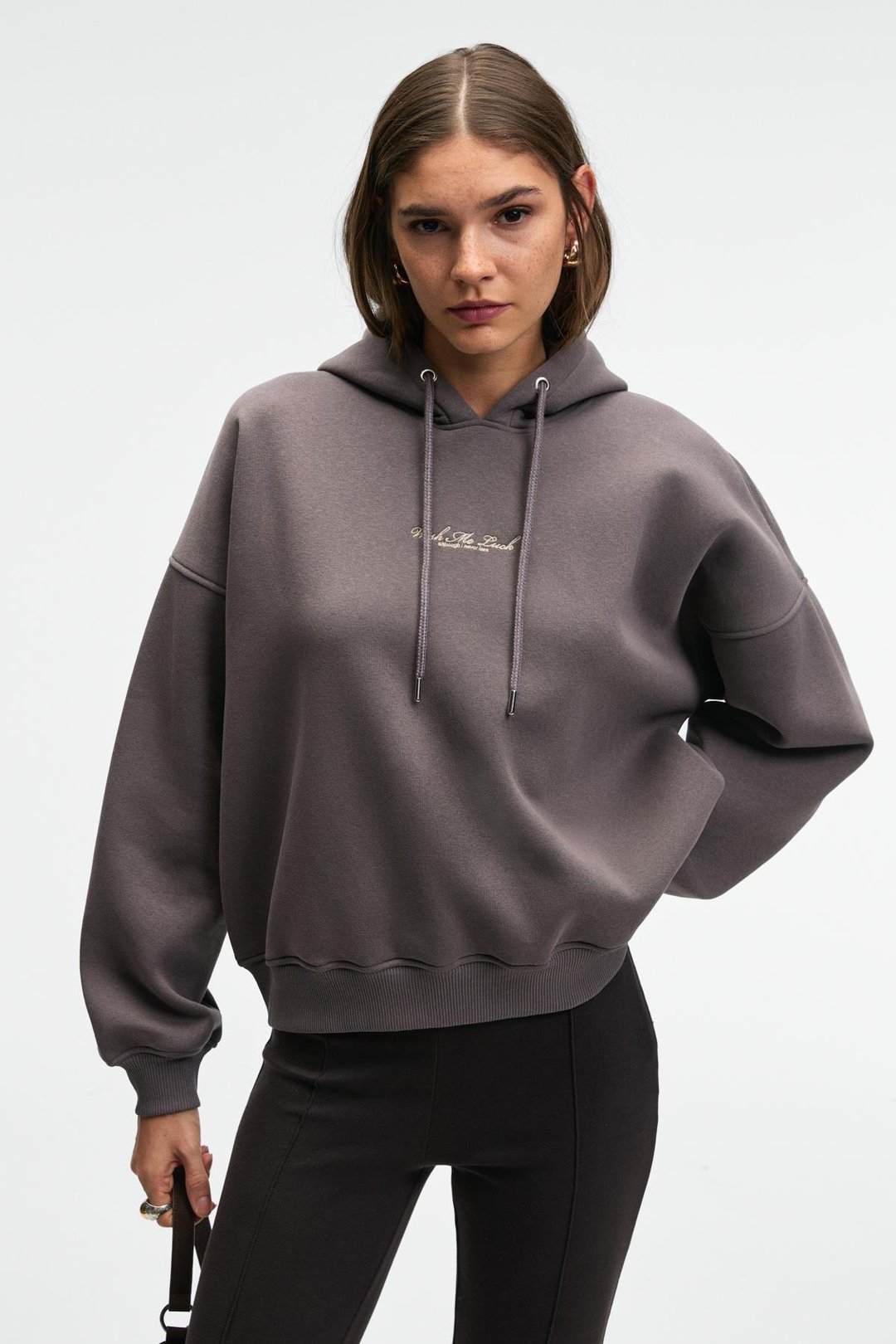 JASSES Kadın Oversize Nakışlı Kapüşonlu Antrasit Sweatshirt