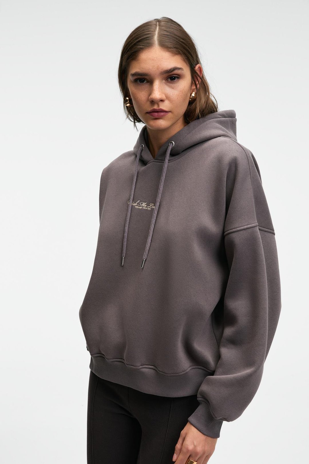 JASSES Kadın Oversize Nakışlı Kapüşonlu Antrasit Sweatshirt