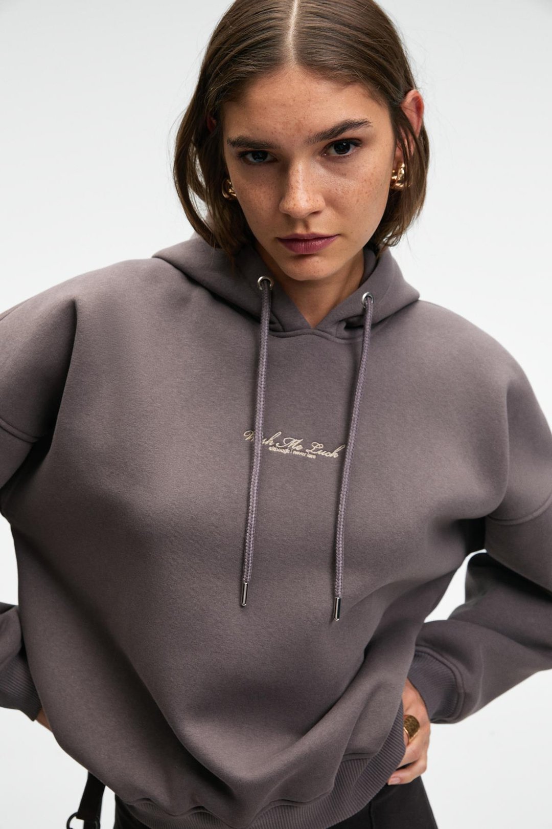 JASSES Kadın Oversize Nakışlı Kapüşonlu Antrasit Sweatshirt