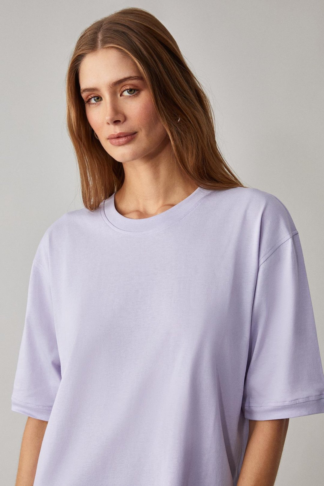 Jemmy Kadın %100 Organik Pamuk Relaxed Fit Yırtmaçlı Yuvarlak Yakalı Lila T-Shirt