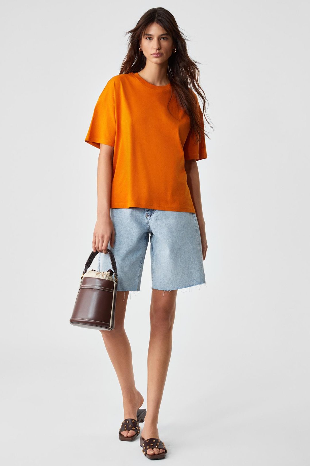Jemmy Kadın %100 Organik Pamuk Relaxed Fit Yırtmaçlı Yuvarlak Yakalı Turuncu T-Shirt