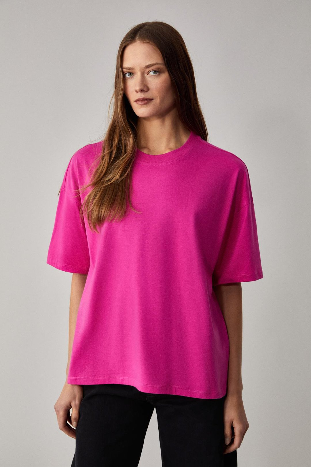 Jemmy Kadın %100 Organik Pamuk Relaxed Fit Yırtmaçlı Yuvarlak Yakalı Pembe T-Shirt