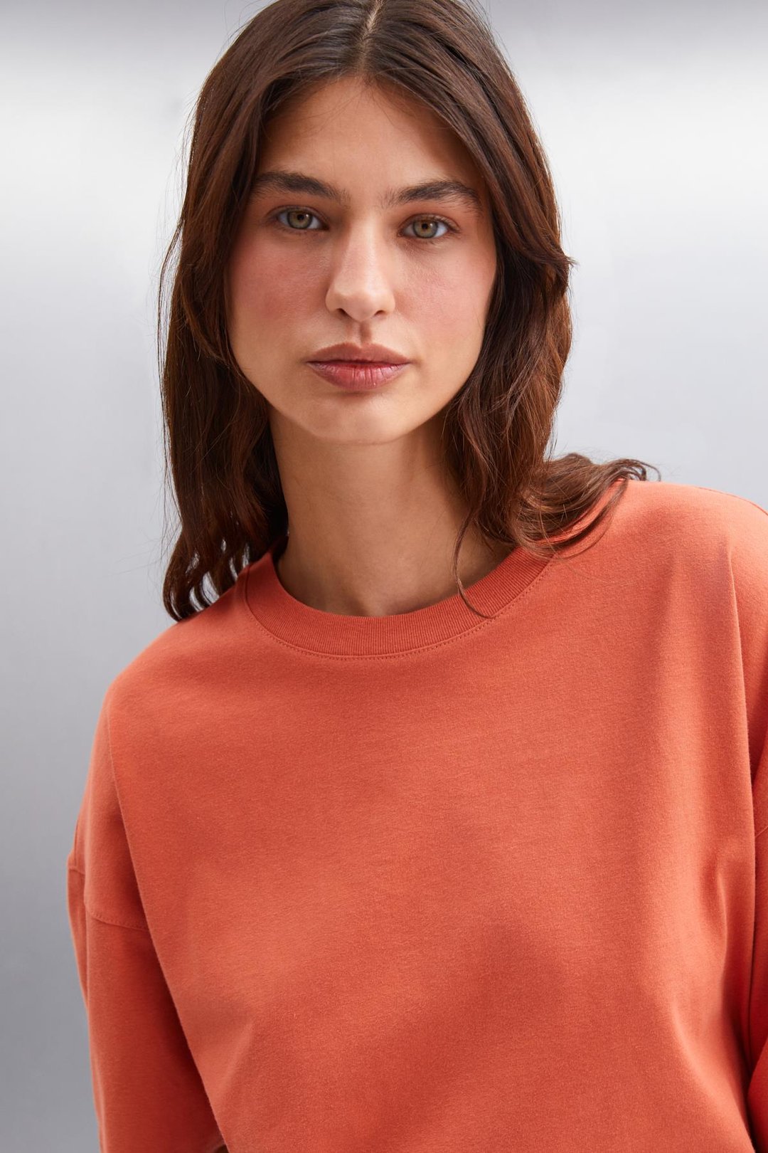 JEMMY Kadın Basic Süprem Dokuma Relaxed %100 Organik Pamuk Kiremit Rengi T-Shirt