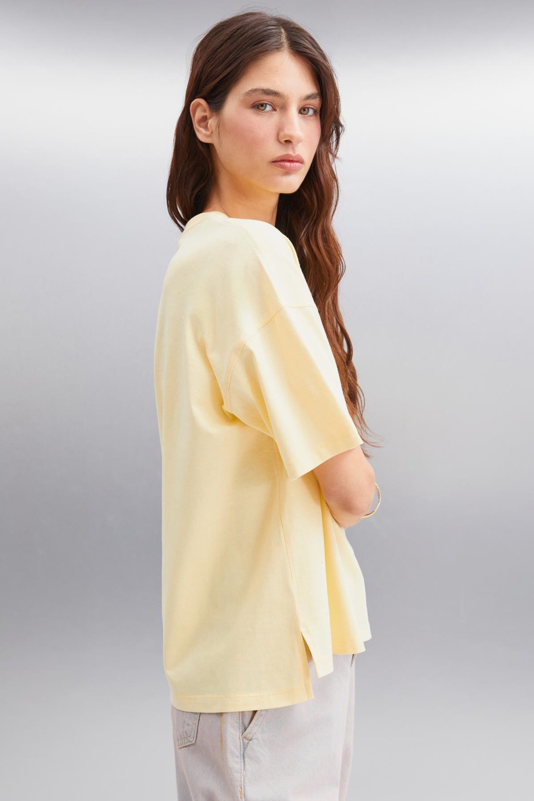 JEMMY Kadın Basic Süprem Dokuma Relaxed %100 Organik Pamuk Sarı T-Shirt