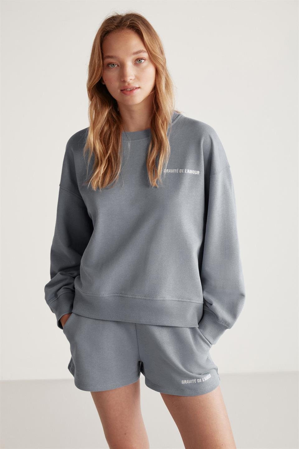JENNIFER Örme Comfort Gri Tekli Sweatshirt