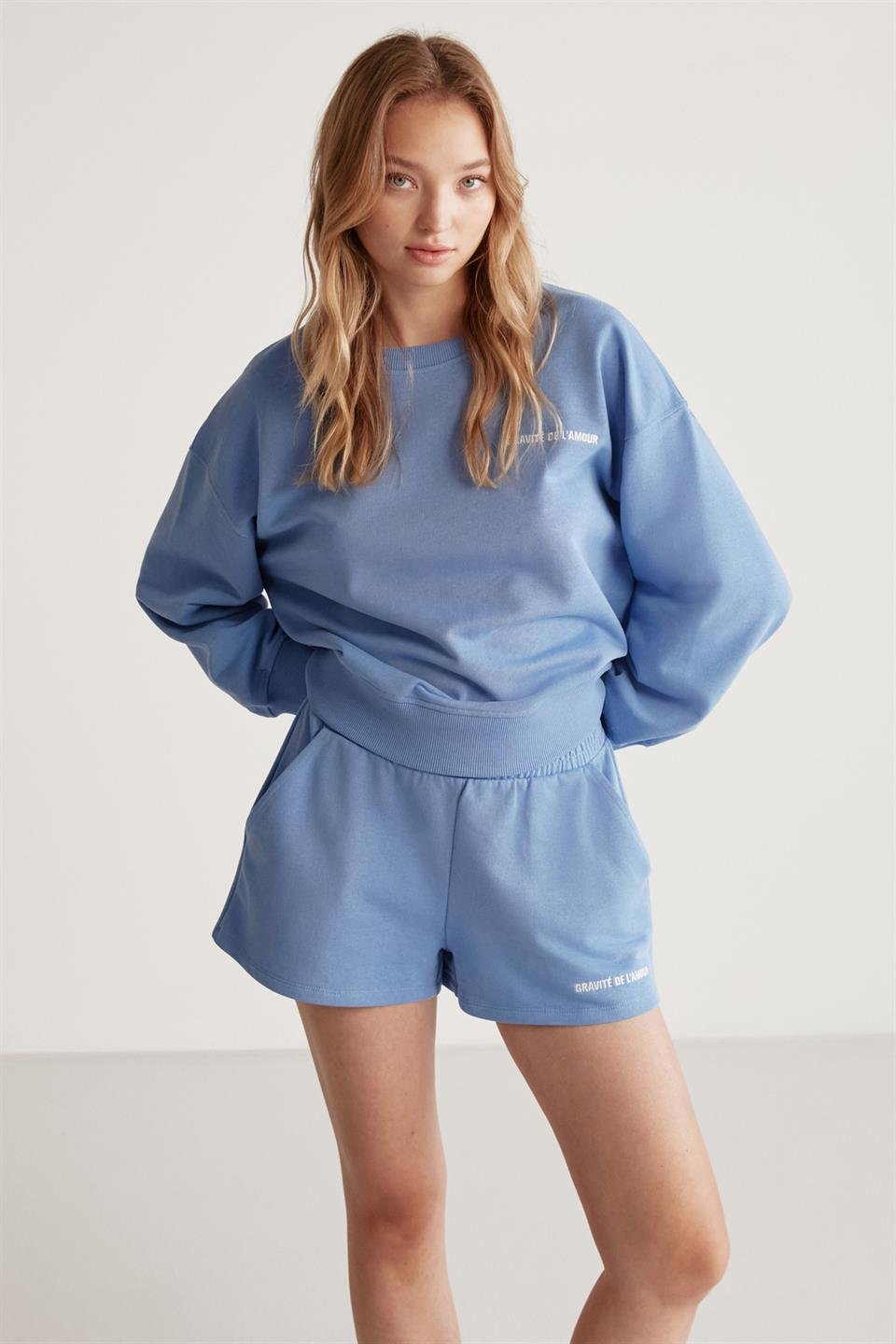 JENNIFER Örme Comfort Mavi Tekli Sweatshirt