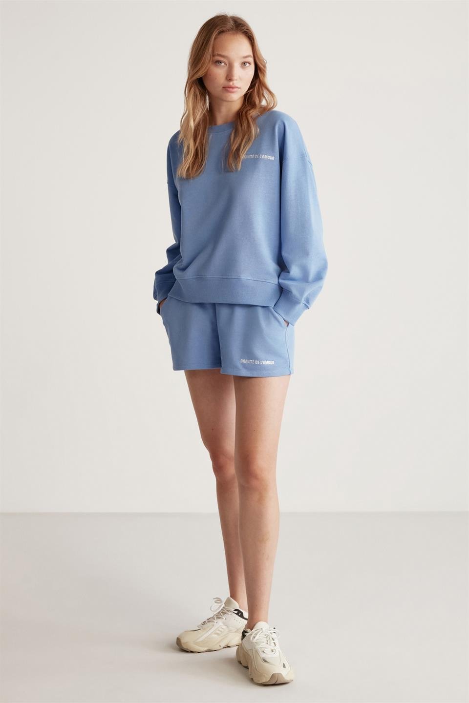 JENNIFER Örme Comfort Mavi Tekli Sweatshirt