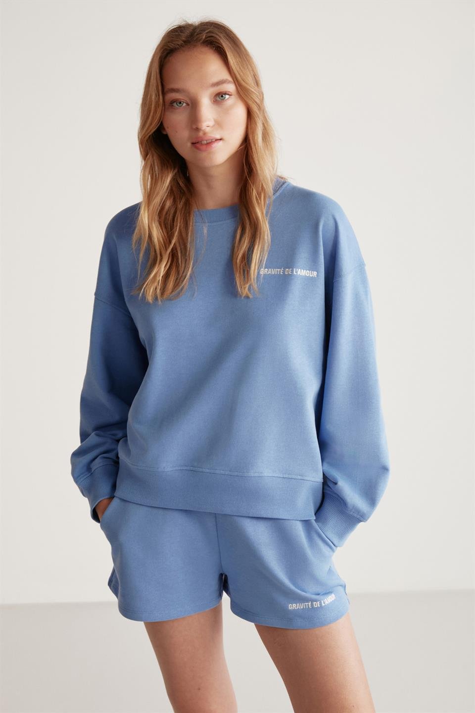 JENNIFER Örme Comfort Mavi Tekli Sweatshirt
