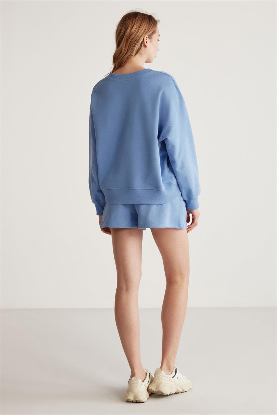 JENNIFER Örme Comfort Mavi Tekli Sweatshirt