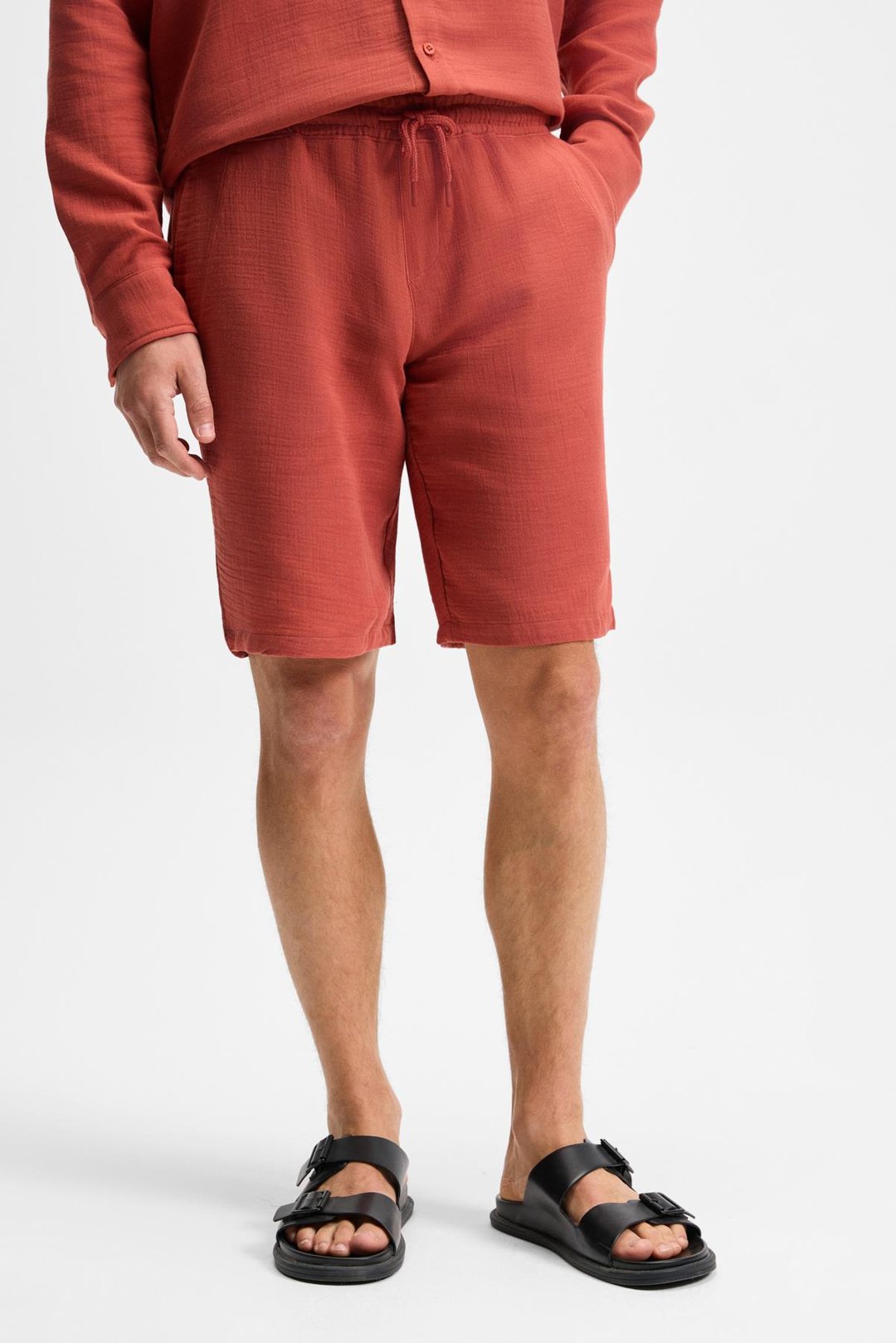 JENS Erkek %100 Pamuk Yanları Cepli Slim Fit Dar Kesim Kiremit Rengi Şort