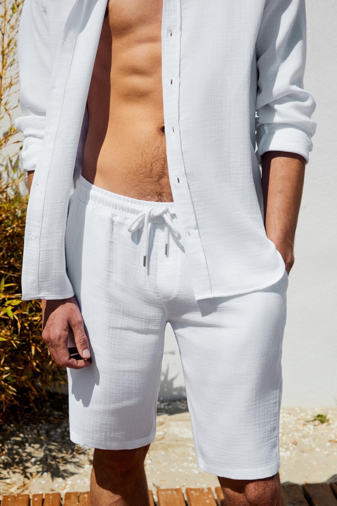 JENS Erkek %100 Pamuk Yanları Cepli Slim Fit Dar Kesim Beyaz Şort