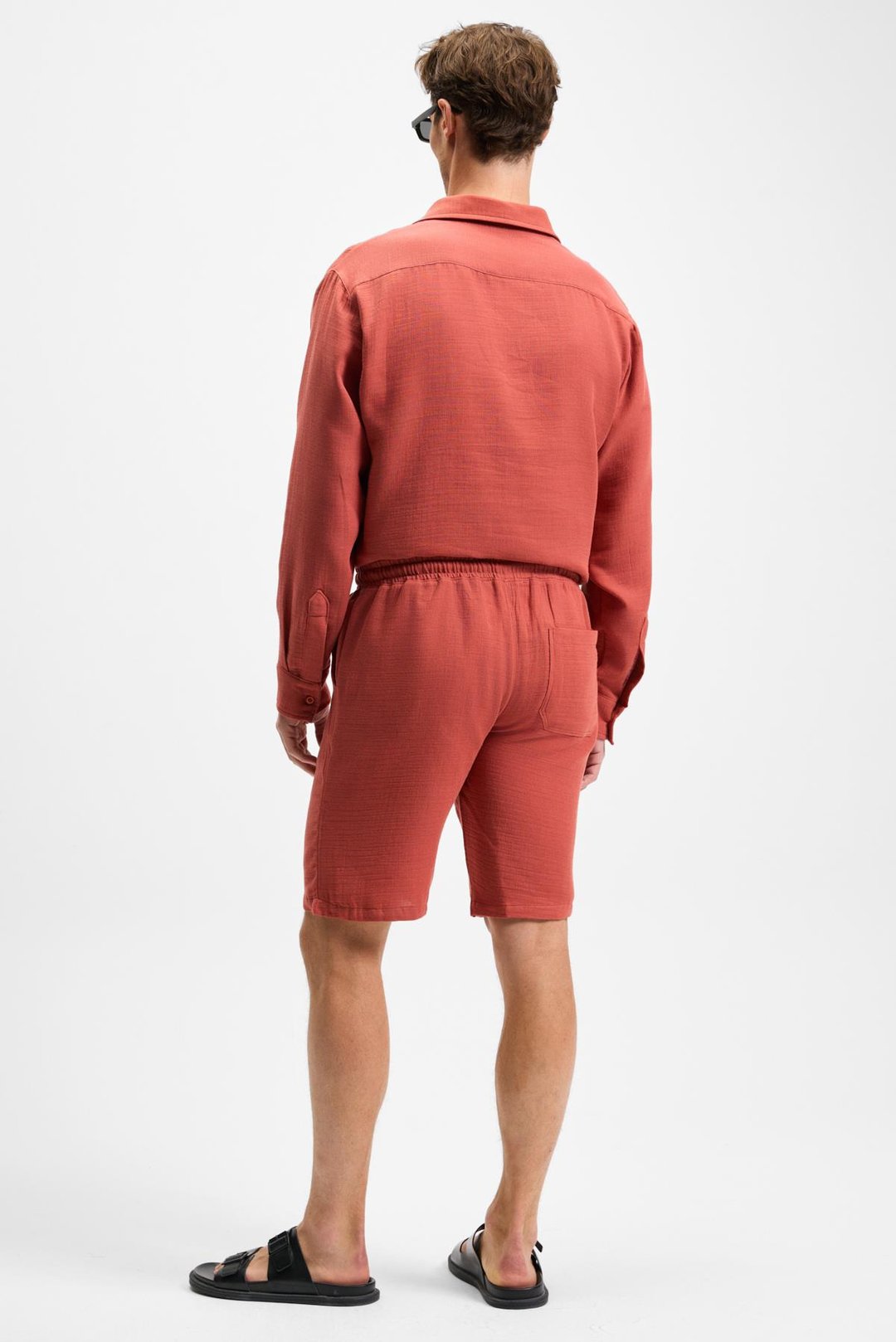JENS Erkek %100 Pamuk Yanları Cepli Slim Fit Dar Kesim Kiremit Rengi Şort