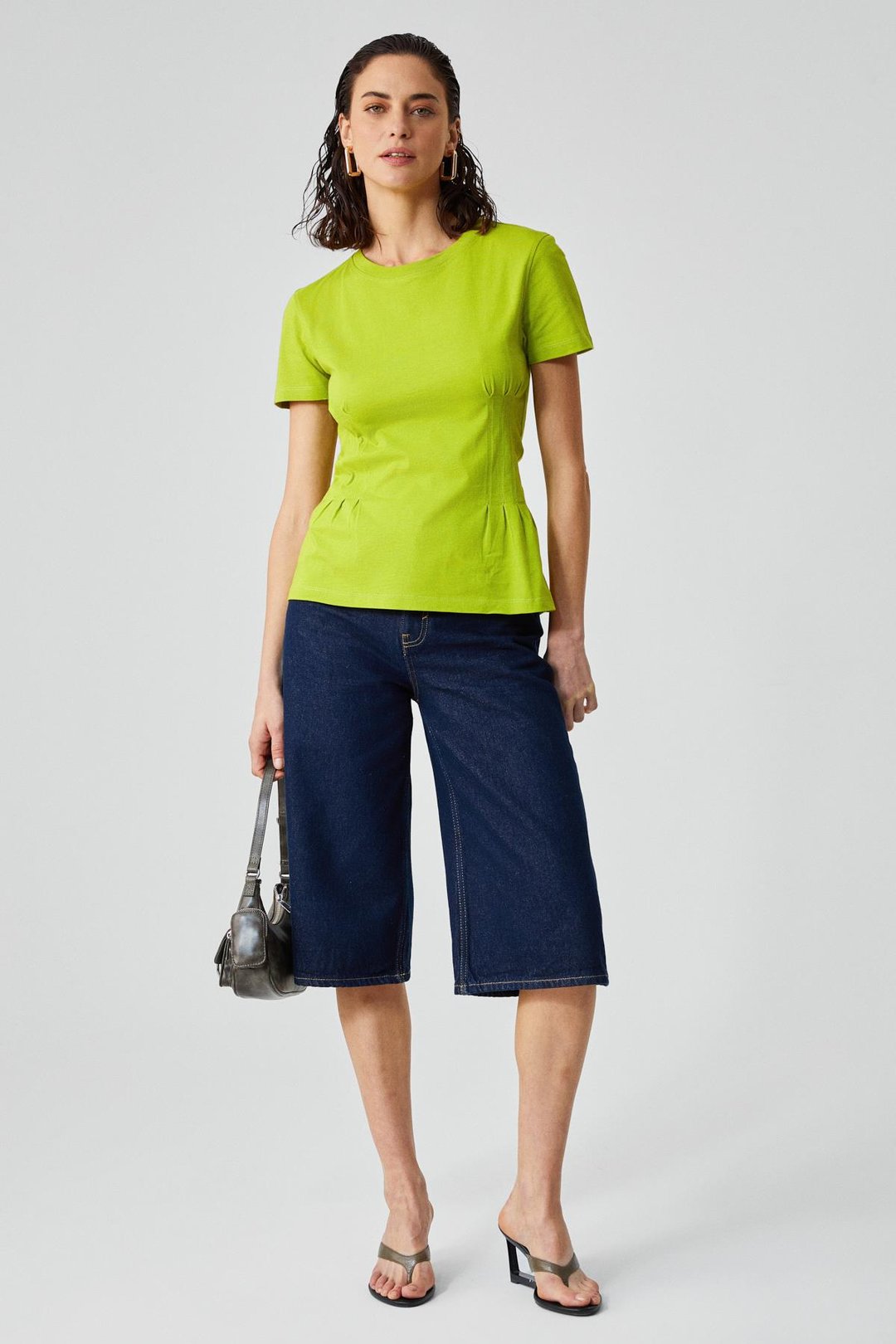 JESSIA Kadın Korse Detaylı %100 Organik Pamuk Bisiklet Yaka Yeşil T-Shirt