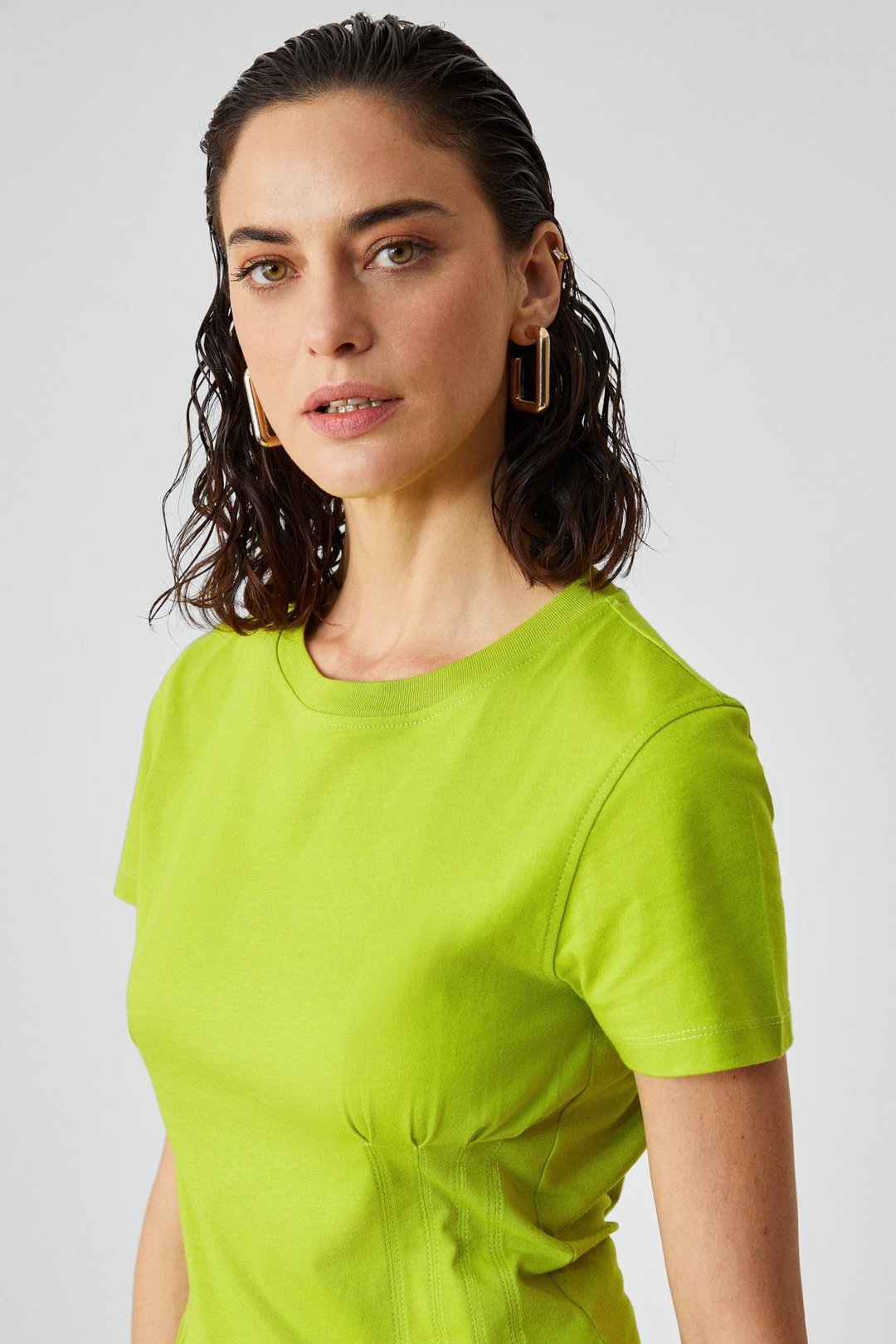 JESSIA Kadın Korse Detaylı %100 Organik Pamuk Bisiklet Yaka Yeşil T-Shirt