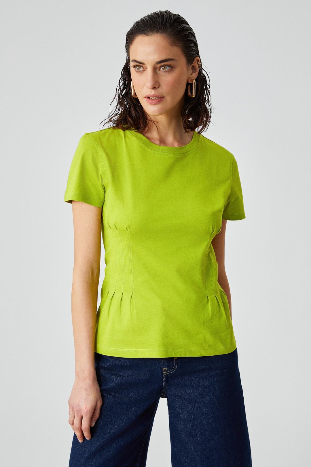 JESSIA Kadın Korse Detaylı %100 Organik Pamuk Bisiklet Yaka Yeşil T-Shirt