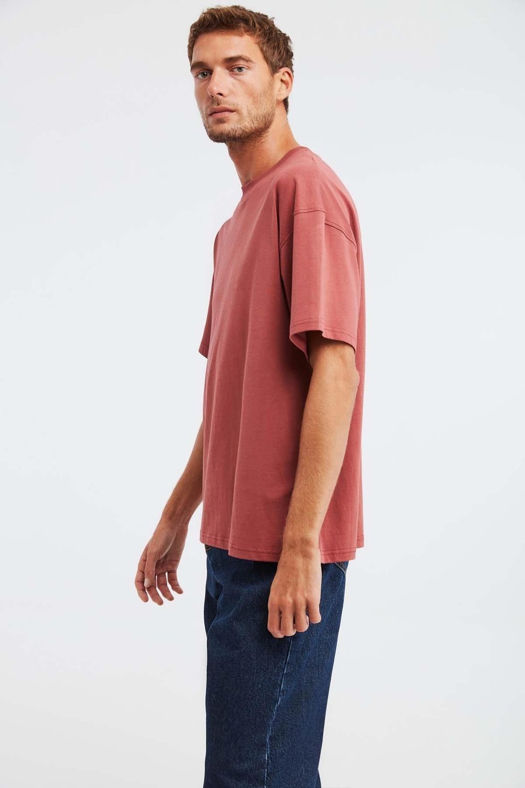 JETT Erkek %100 Organik Pamuklu Kalın Dokulu Oversize Fit Bisiklet Yaka Kiremit Rengi T-Shirt