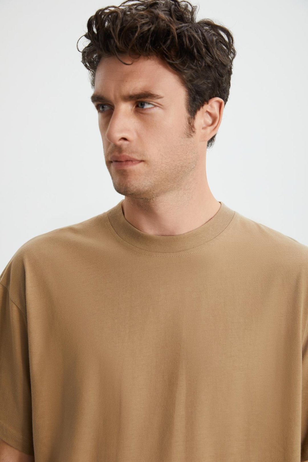 JETT Erkek %100 Organik Pamuklu Kalın Dokulu Oversize Fit Bisiklet Yaka Vizon T-Shirt