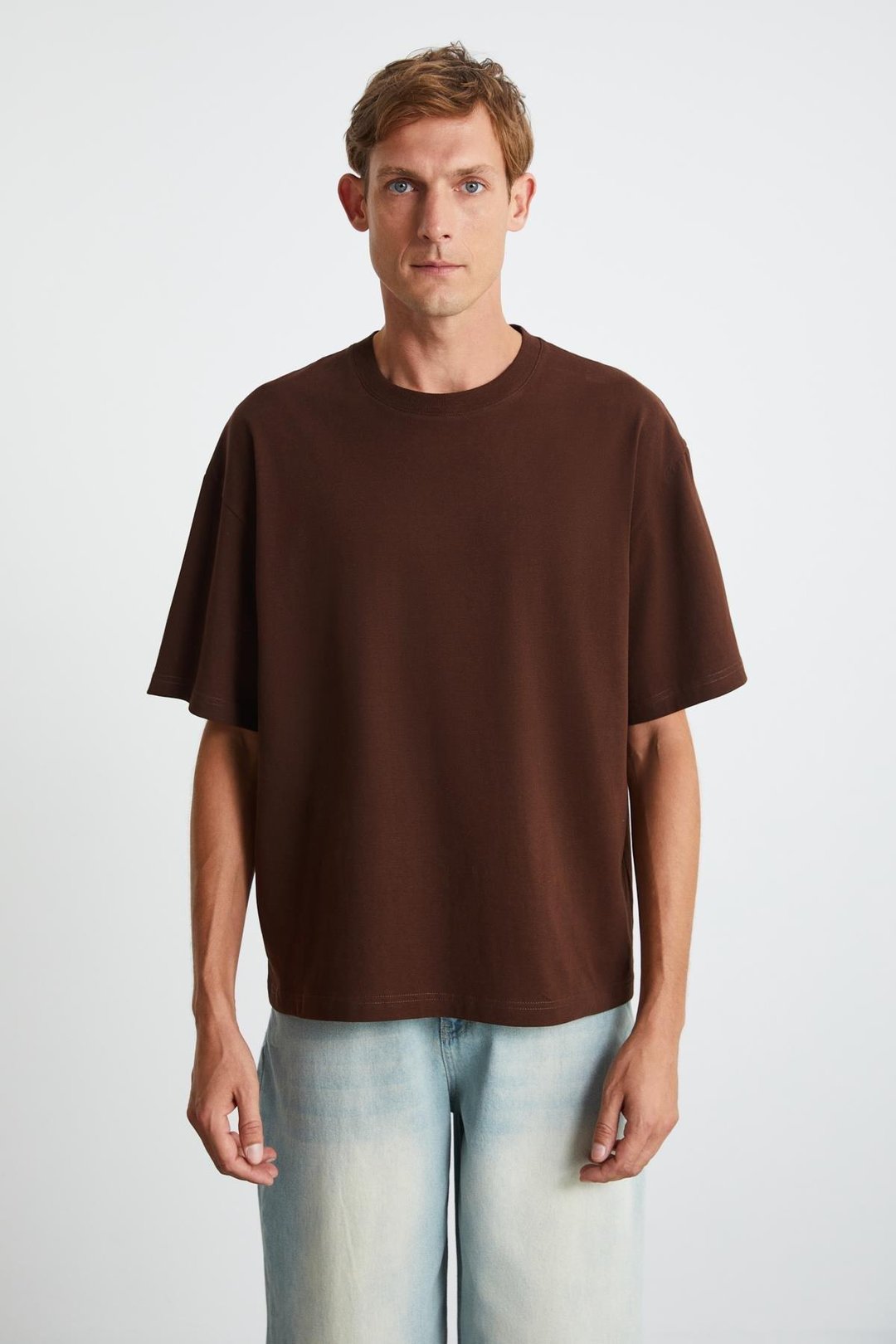 JETT Erkek %100 Organik Pamuklu Kalın Dokulu Oversize Fit Bisiklet Yaka Acı Kahve T-Shirt