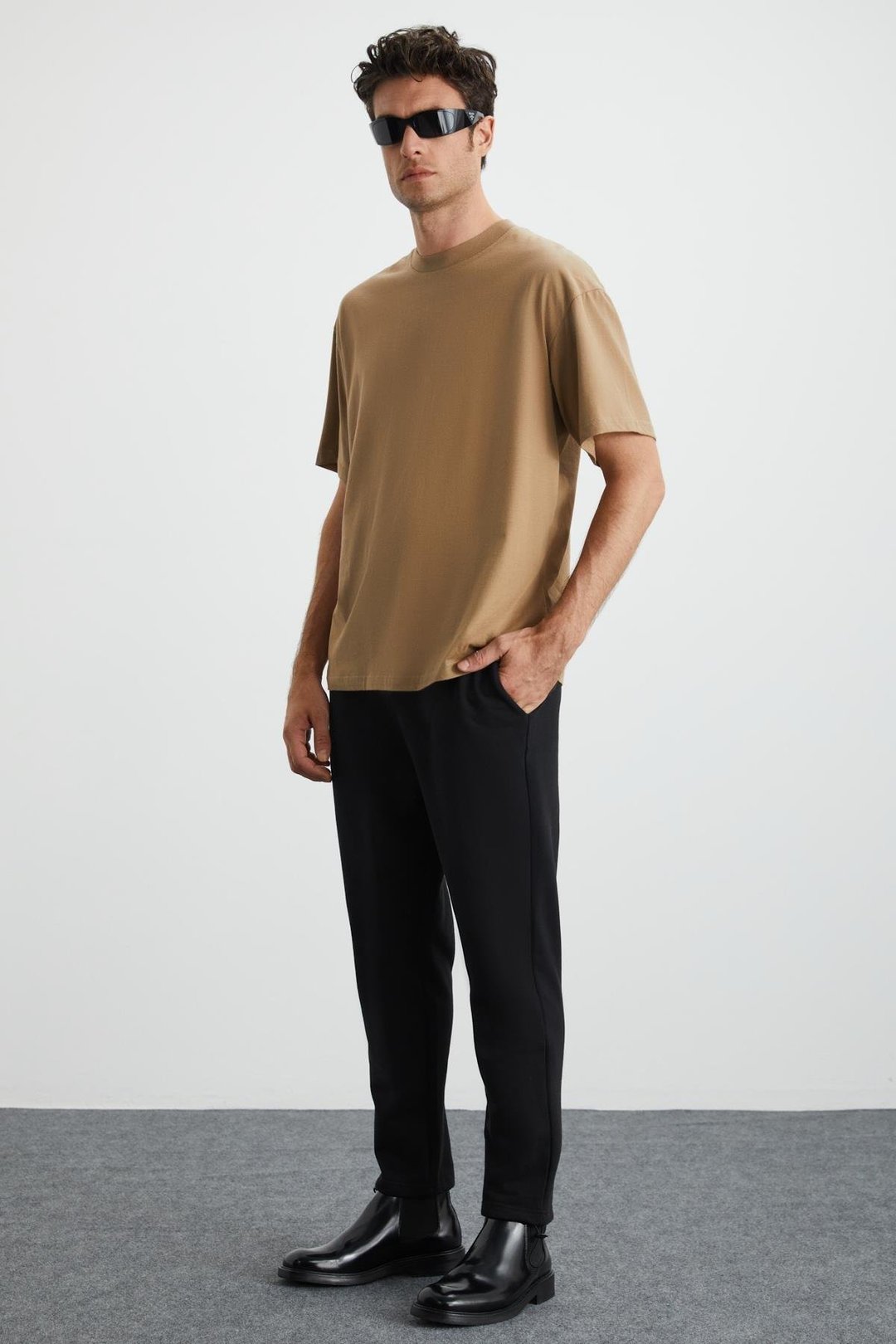 JETT Erkek %100 Organik Pamuklu Kalın Dokulu Oversize Fit Bisiklet Yaka Vizon T-Shirt