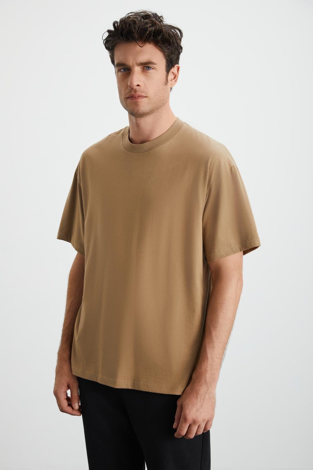 JETT Erkek %100 Organik Pamuklu Kalın Dokulu Oversize Fit Bisiklet Yaka Vizon T-Shirt