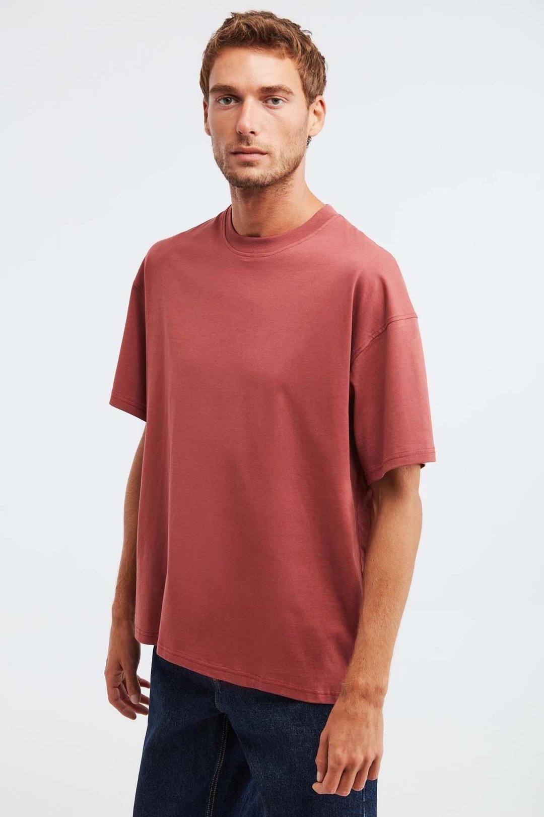 JETT Erkek %100 Organik Pamuklu Kalın Dokulu Oversize Fit Bisiklet Yaka Kiremit Rengi T-Shirt