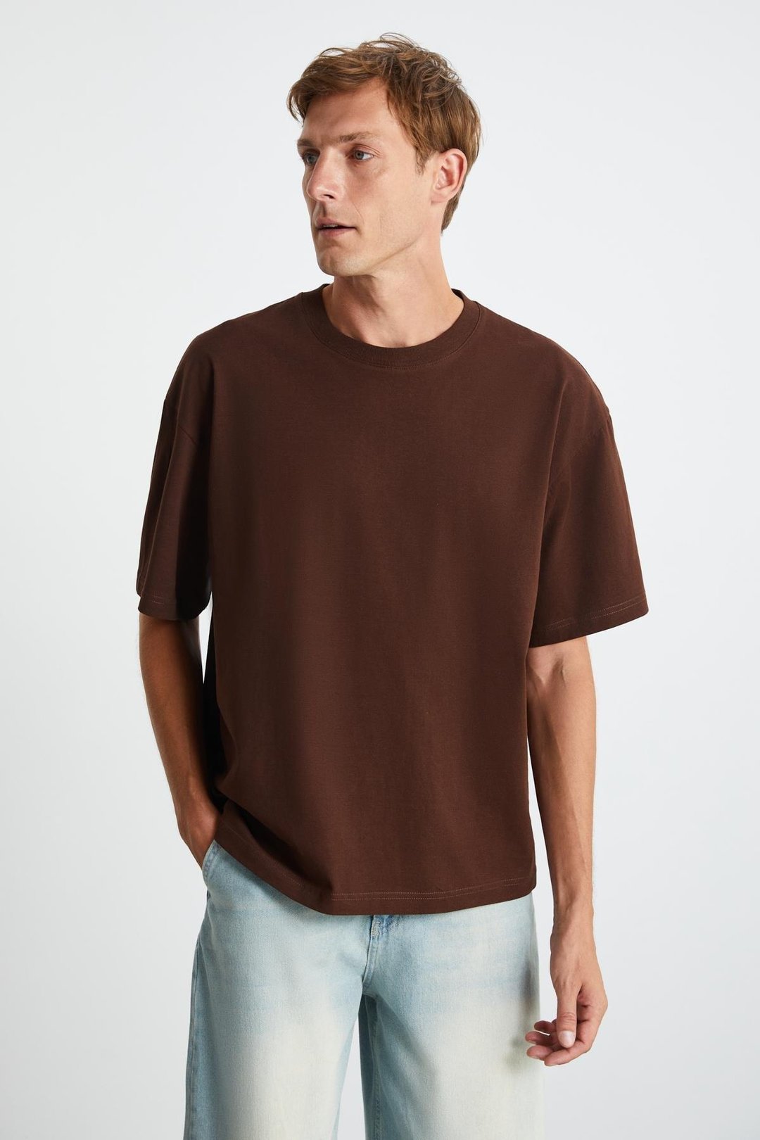 JETT Erkek %100 Organik Pamuklu Kalın Dokulu Oversize Fit Bisiklet Yaka Acı Kahve T-Shirt