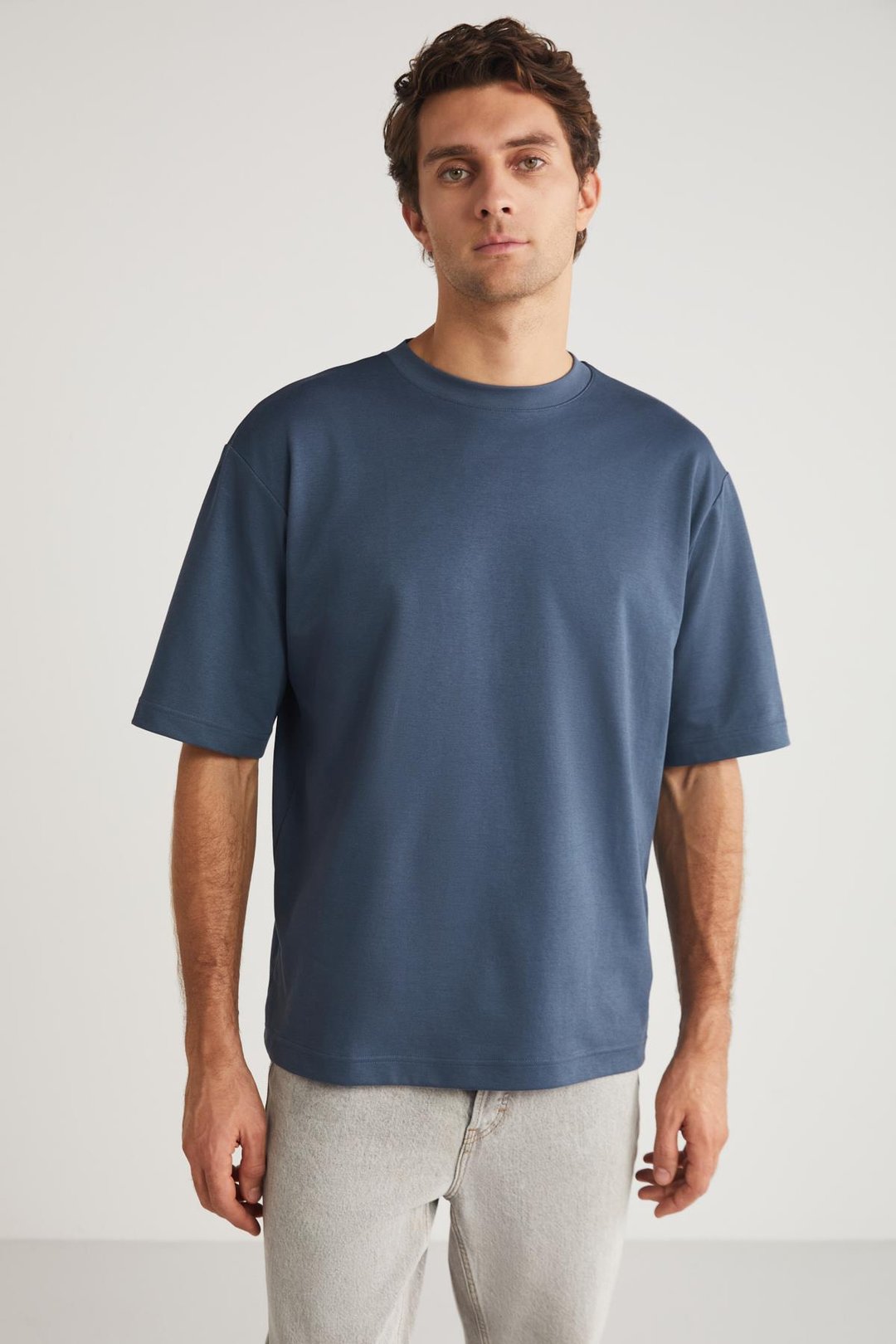 JOEL Erkek %100 Organik Pamuklu Kalın Kumaşlı Özel Dokulu Etiket Detaylı Oversize İndigo T-Shirt