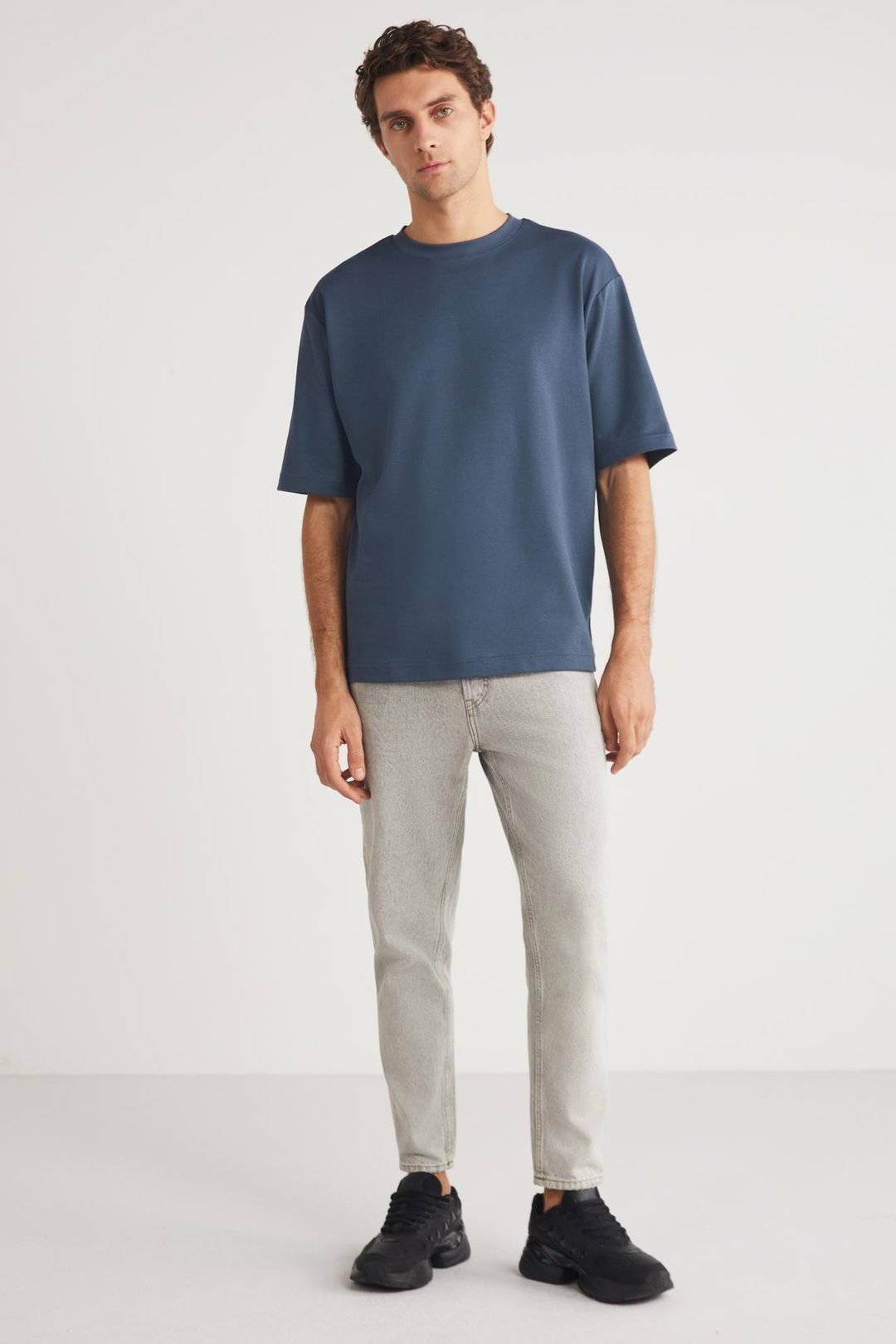 JOEL Erkek %100 Organik Pamuklu Kalın Kumaşlı Özel Dokulu Etiket Detaylı Oversize İndigo T-Shirt