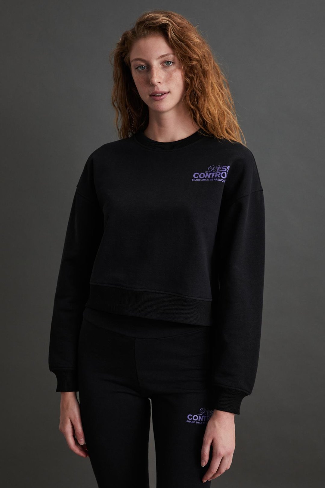 JOHANNA Kadın Baskı Detaylı %100 Organik Pamuk Regular 3 İplik Örme Siyah Eşofman Takımı