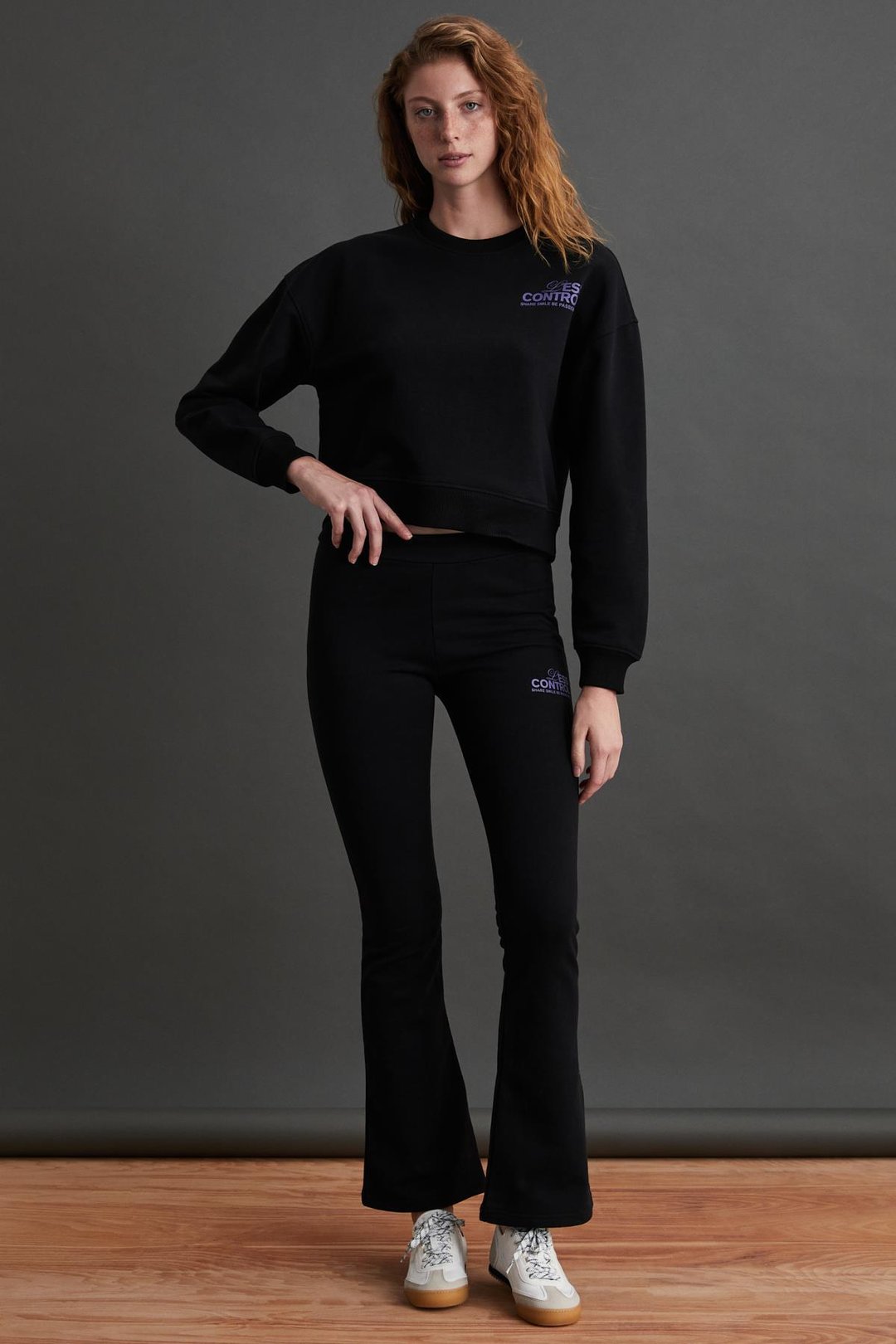 JOHANNA Kadın Baskı Detaylı %100 Organik Pamuk Regular 3 İplik Örme Siyah Eşofman Takımı