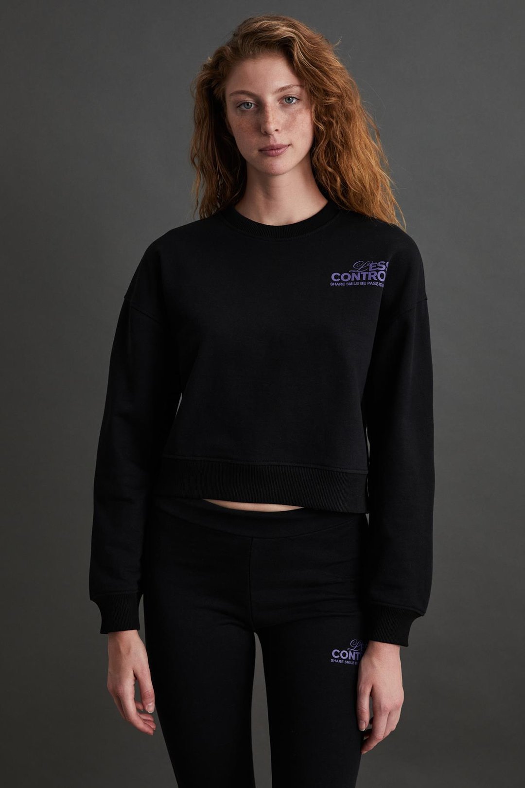 JOHANNA Kadın Baskı Detaylı %100 Organik Pamuk Regular 3 İplik Örme Siyah Eşofman Takımı