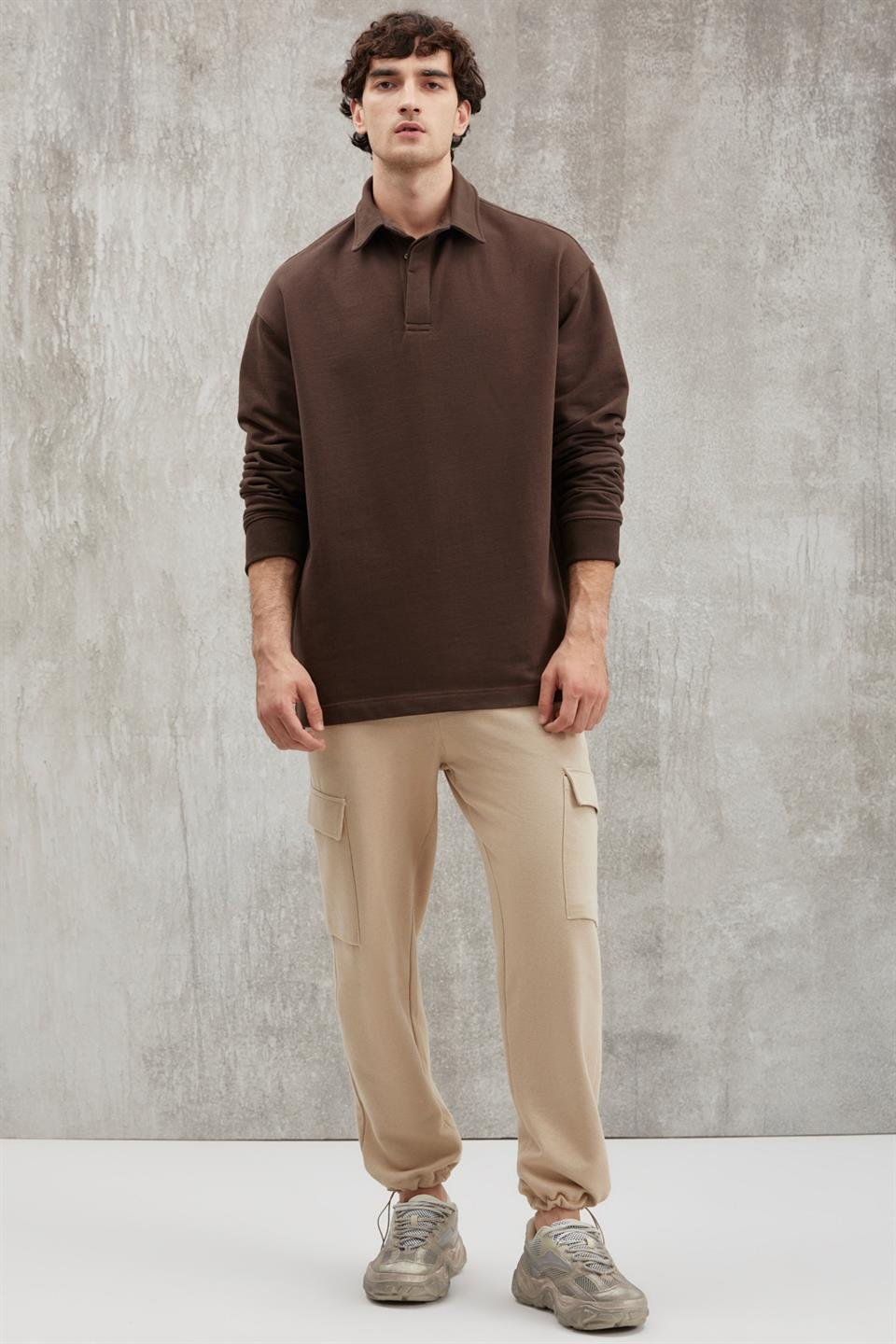 JOHN Basic Relaxed Koyu Kahverengi Tekli Sweatshirt