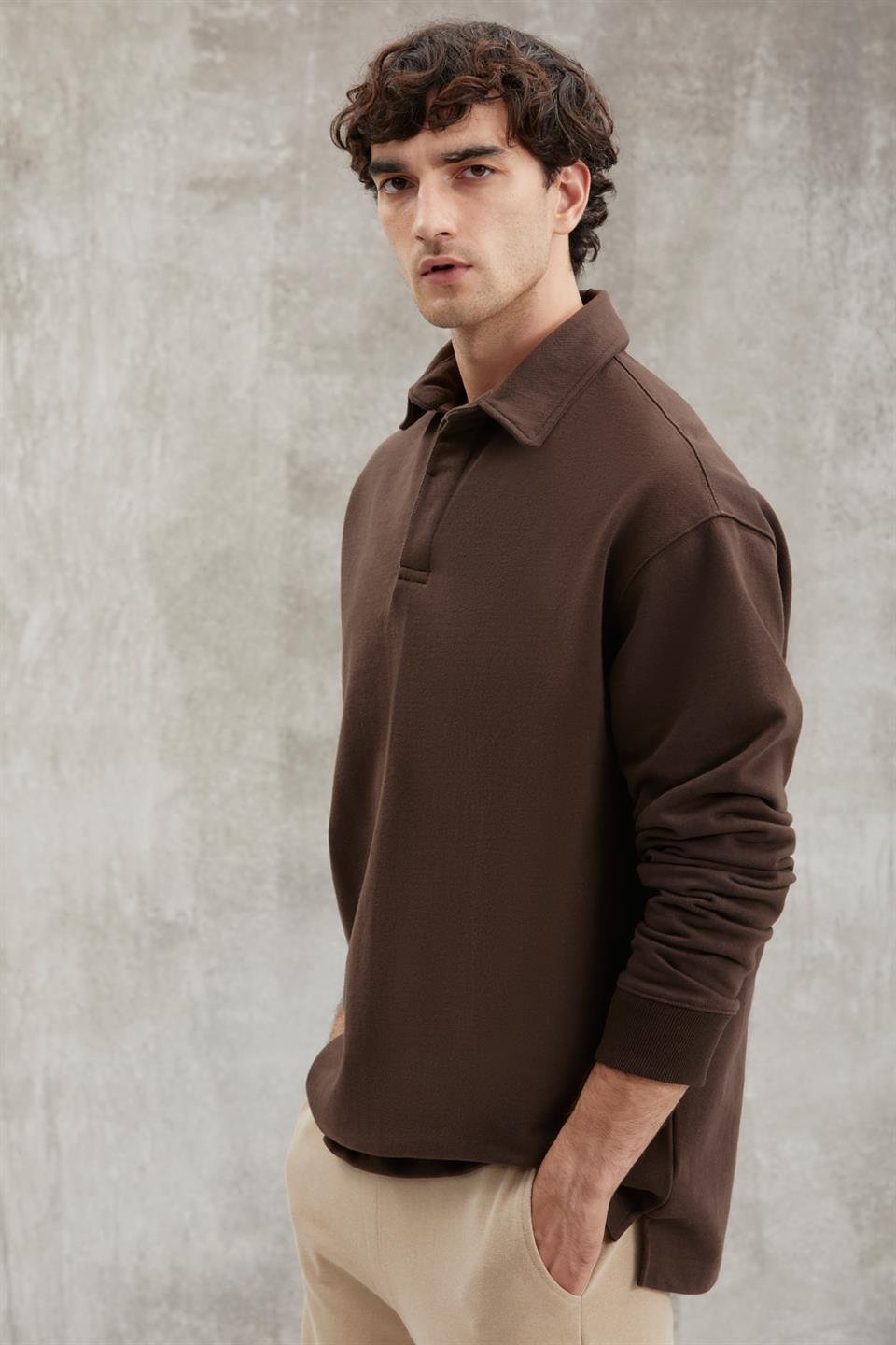 JOHN Basic Relaxed Koyu Kahverengi Tekli Sweatshirt