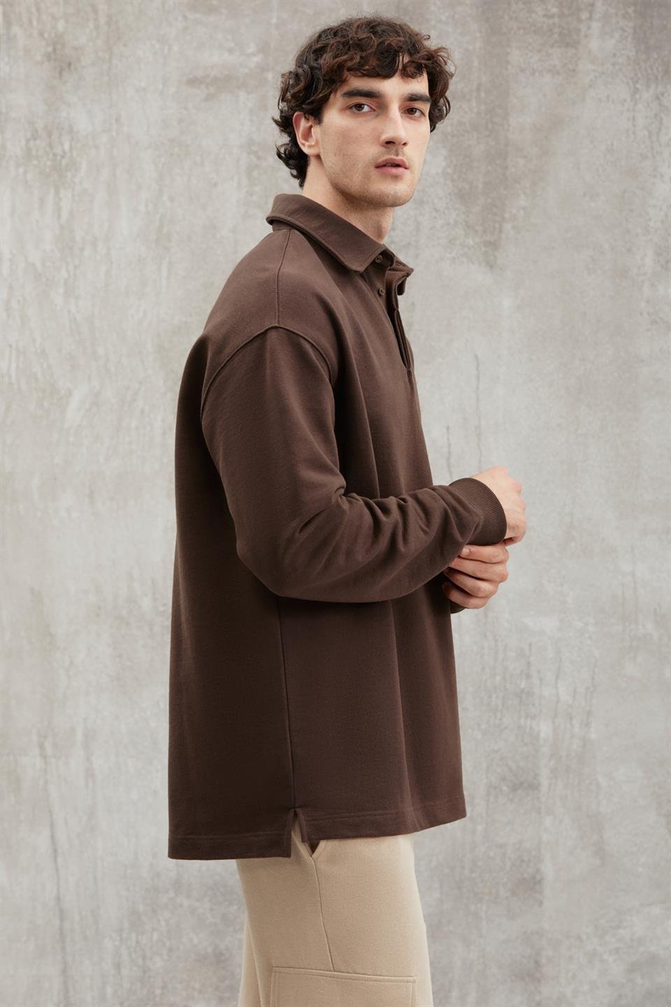 JOHN Basic Relaxed Koyu Kahverengi Tekli Sweatshirt