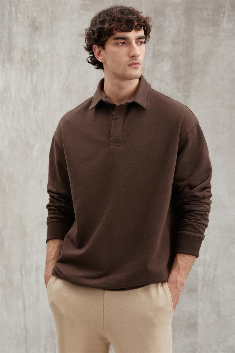 JOHN Basic Relaxed Koyu Kahverengi Tekli Sweatshirt