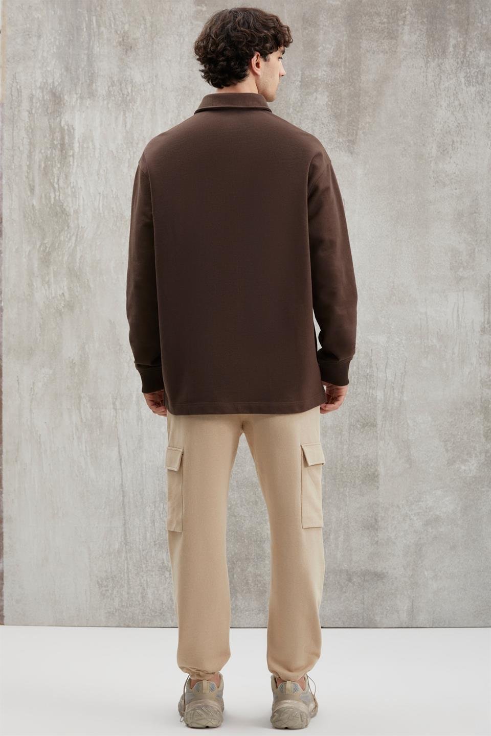 JOHN Basic Relaxed Koyu Kahverengi Tekli Sweatshirt