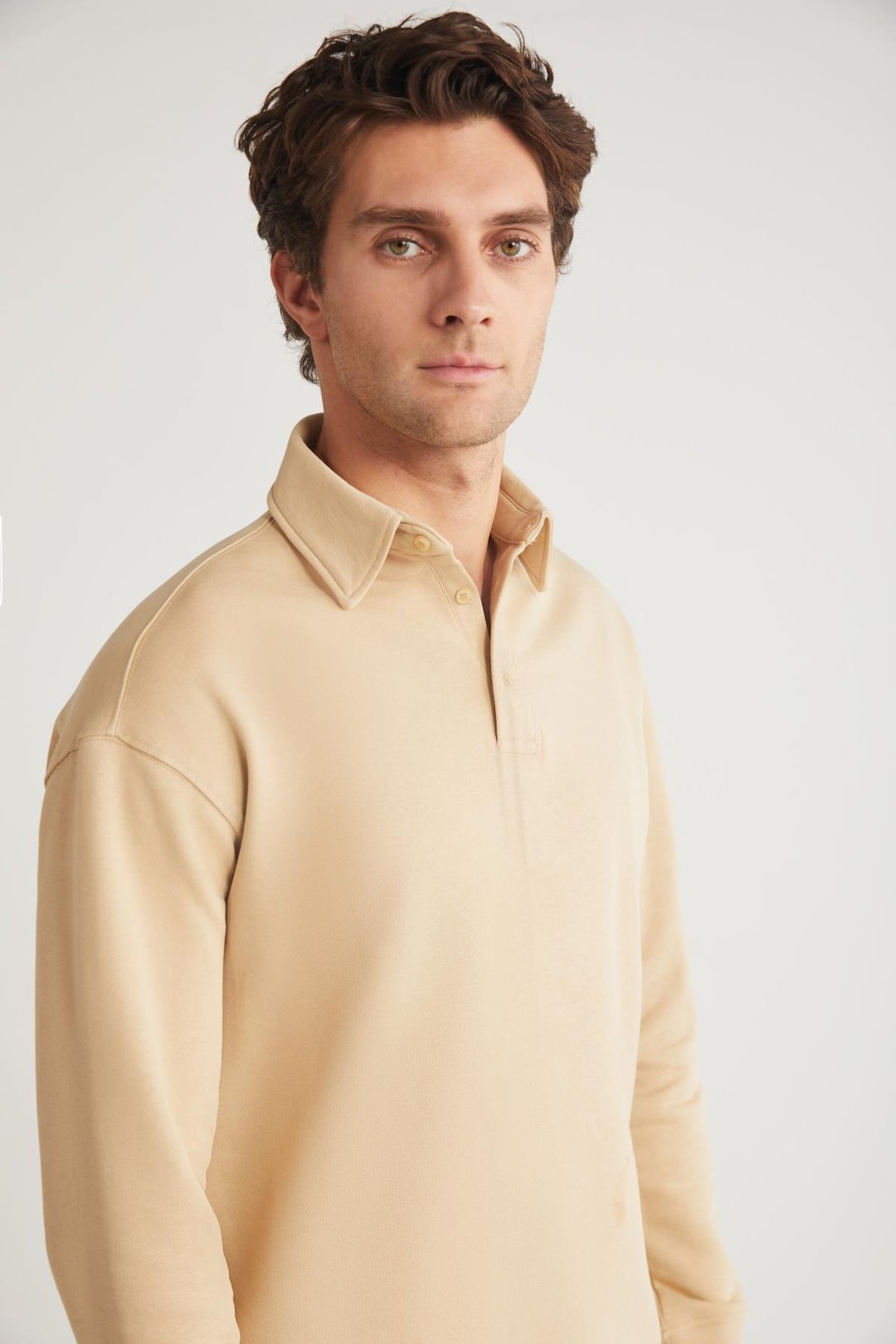 JOHN Erkek Polo Sweat Gömlek Yakalı Arkası Uzun Yırtmaçlı Diagonel Kumaşlı Bej Sweatshirt