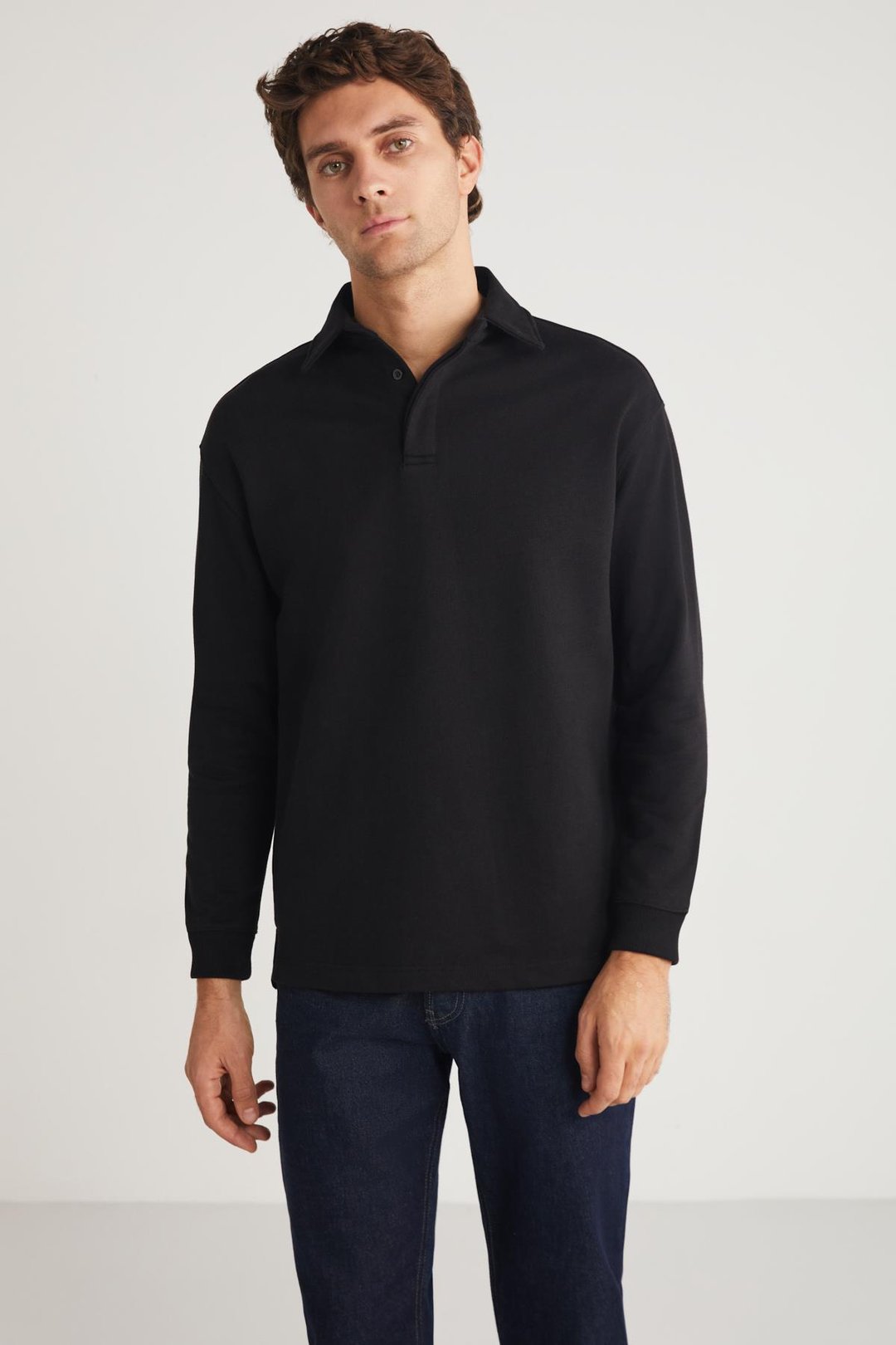 JOHN Erkek Polo Sweat Gömlek Yakalı Arkası Uzun Yırtmaçlı Diagonel Kumaşlı Siyah Sweatshirt