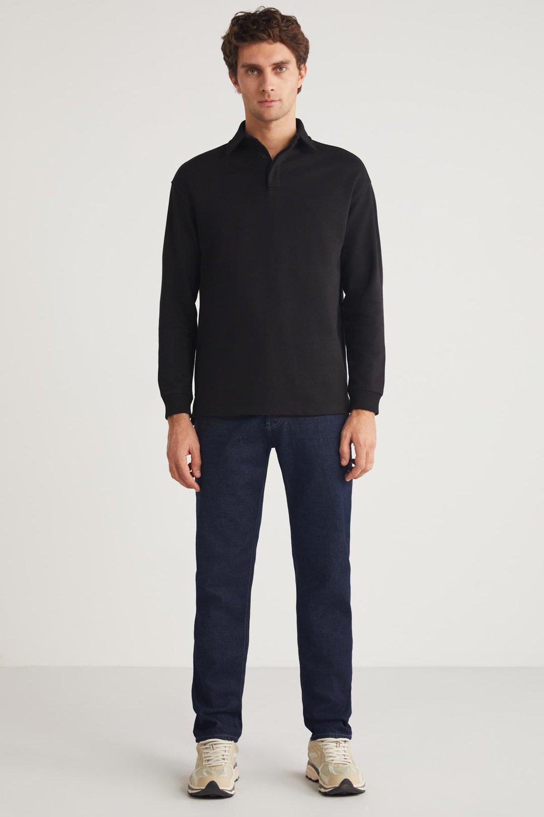 JOHN Erkek Polo Sweat Gömlek Yakalı Arkası Uzun Yırtmaçlı Diagonel Kumaşlı Siyah Sweatshirt