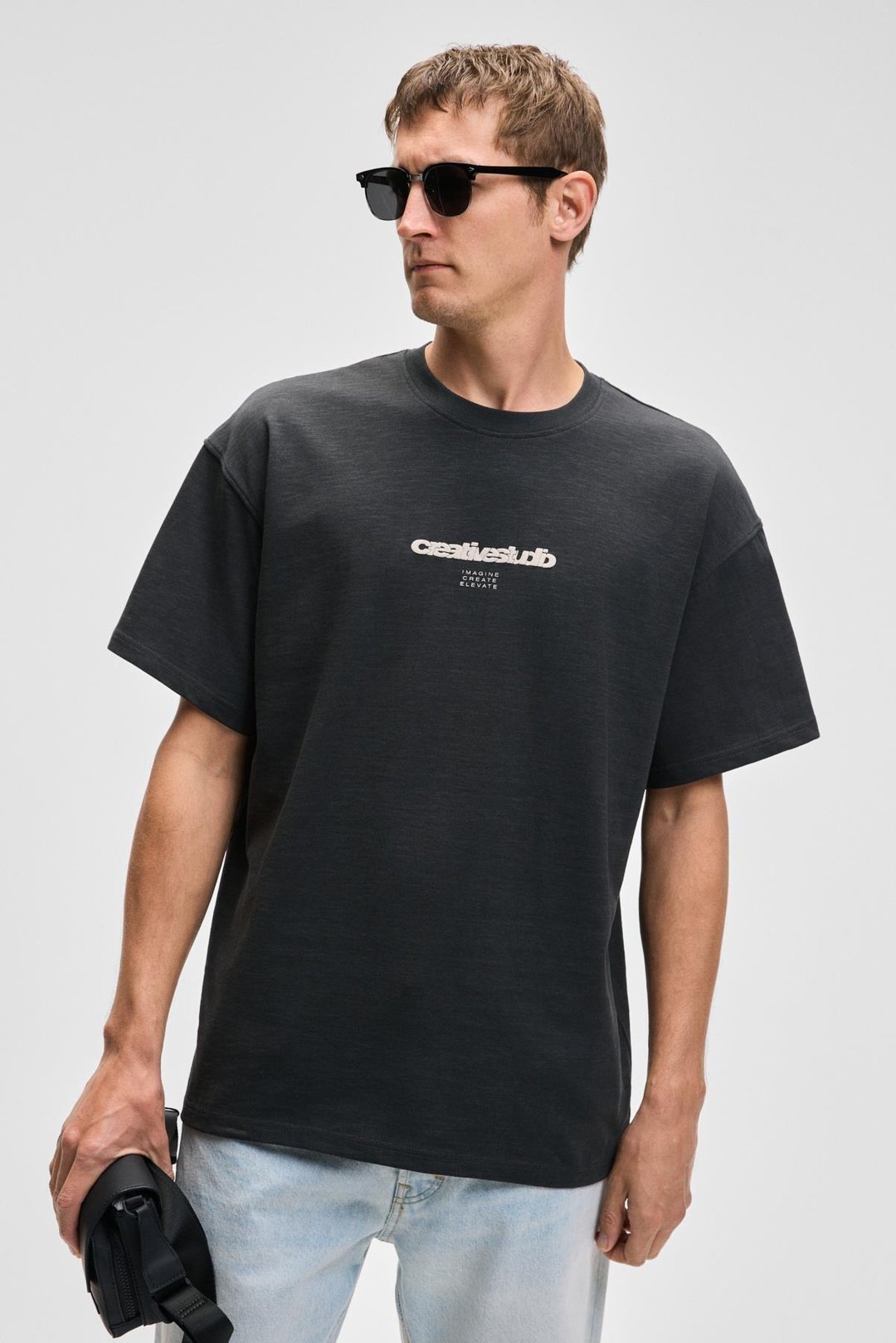 JON Erkek Bisiklet Yaka %100 Organik Pamuk Oversize Fit Antrasit T-Shirt