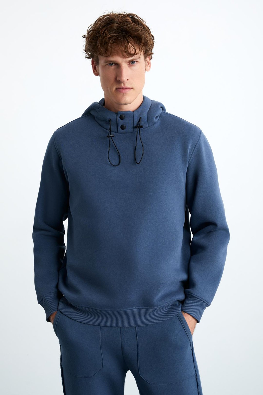 JORNA Erkek 3 İplik İçi Şardonlu Yumuşacık Çıt Çıt Yakalı Regular Kapüşonlu İndigo Sweatshirt