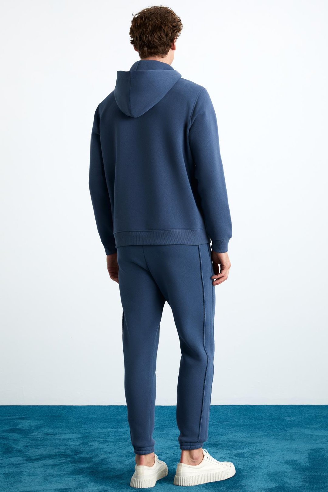 JORNA Erkek 3 İplik İçi Şardonlu Yumuşacık Çıt Çıt Yakalı Regular Kapüşonlu İndigo Sweatshirt