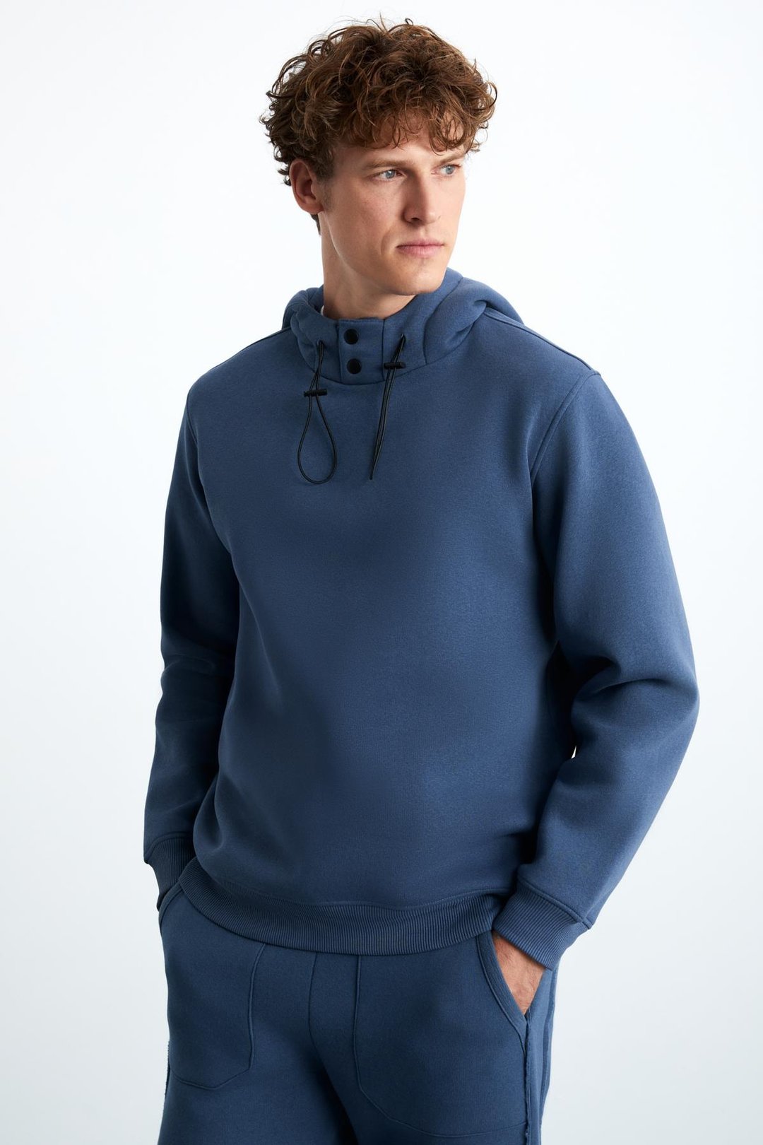 JORNA Erkek 3 İplik İçi Şardonlu Yumuşacık Çıt Çıt Yakalı Regular Kapüşonlu İndigo Sweatshirt