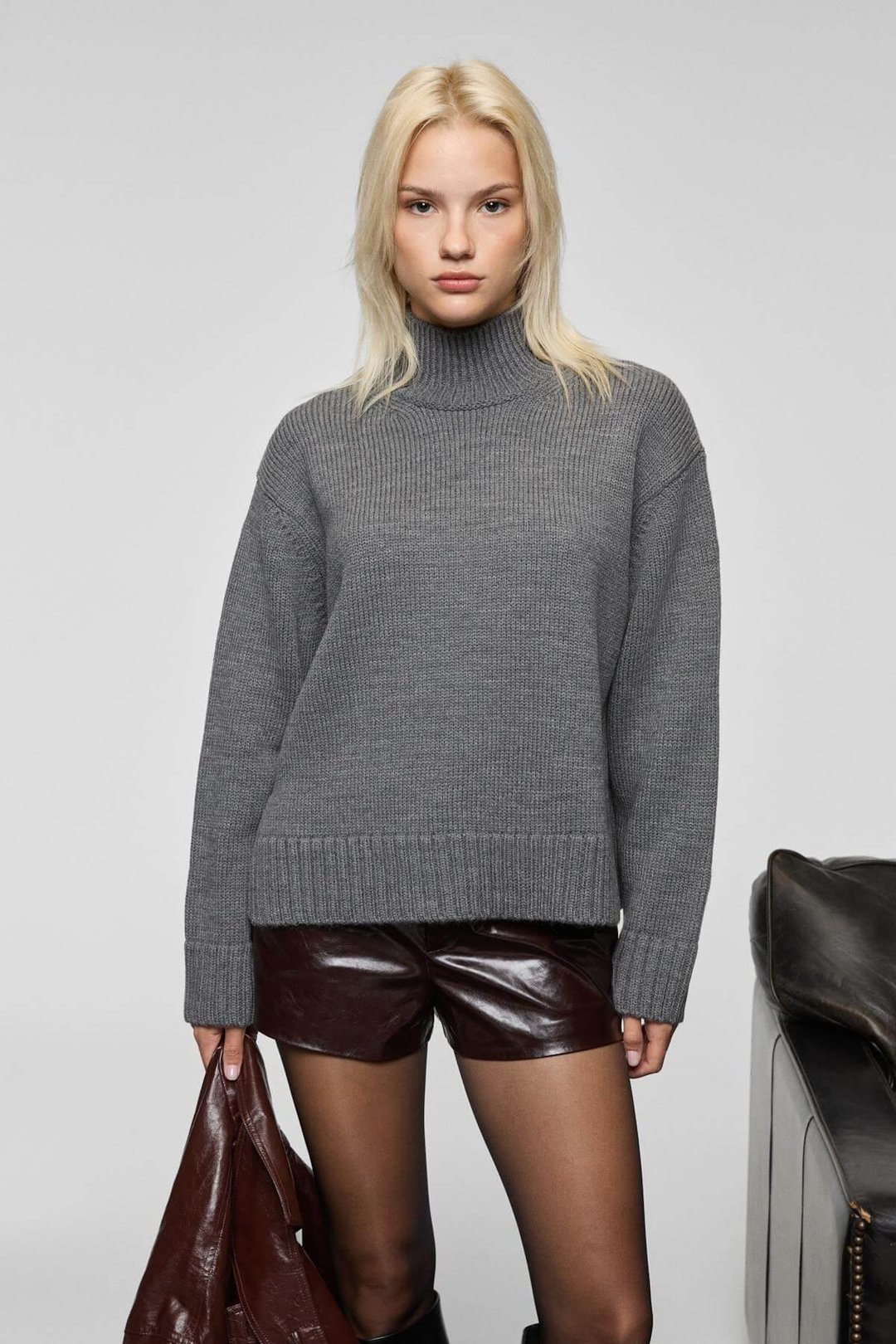 JOYITA Kadın Balıkçı Yaka Oversize Triko Antrasit Kazak