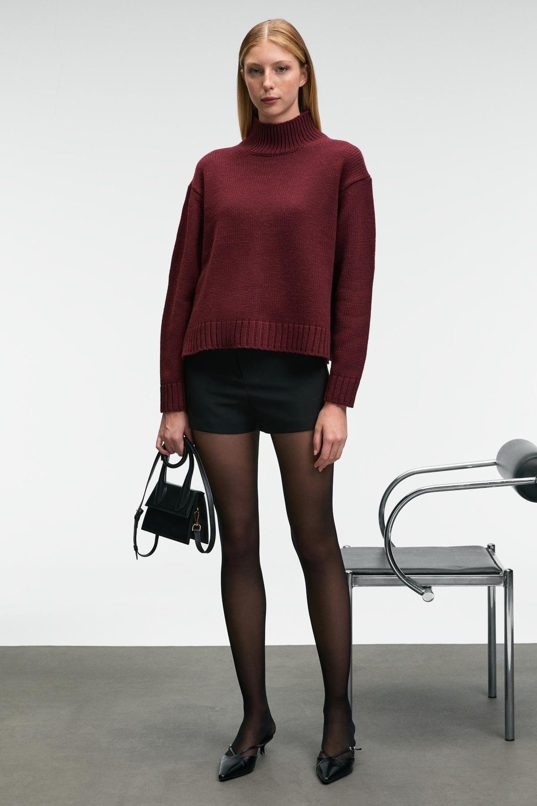 JOYITA Kadın Balıkçı Yaka Oversize Triko Bordo Kazak